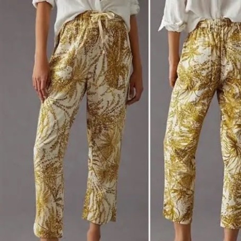 Pilcro‎ Anthropologie Linen Joggers Mustard Yellow Botanical Size Large EUC